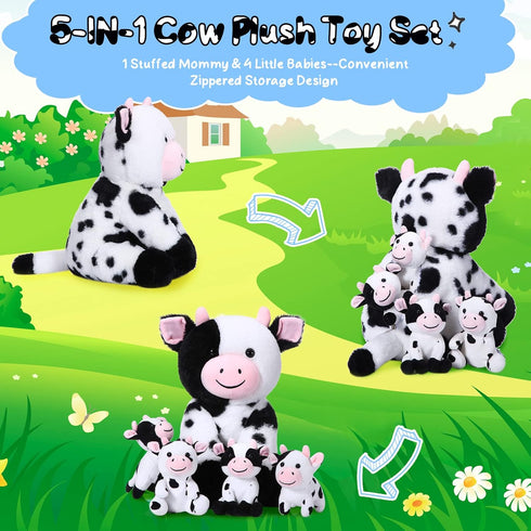 Sumind 5 Pcs Cow Plush Animals Set, Mommy Cow Stuffed Animal with 4 Baby Cute Cows for Boys Girls