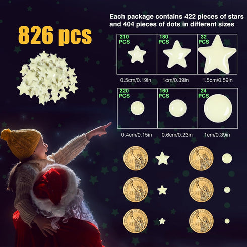 Realistic Tiny 3D Domed Glow in The Dark Stars, 826pcs Adhesive Glow Dots and Stars for Kids Bedroom Decor