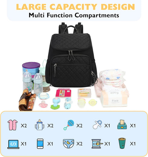 Backpack LORADI Lightweight Diaper Bag with Stroller Clips, Insulated Pockets, Baby Shower Essentials (Nylon, Black)