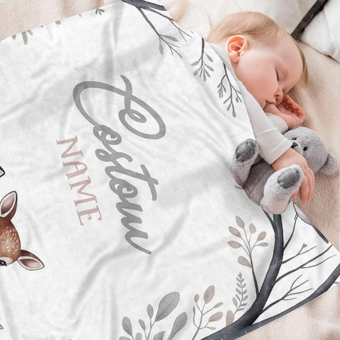 Kryvoxc Personalized Baby Blankets with Name, Fox Deer Bunny Design Double Layer Receiving Swaddle Blanket with Dotted