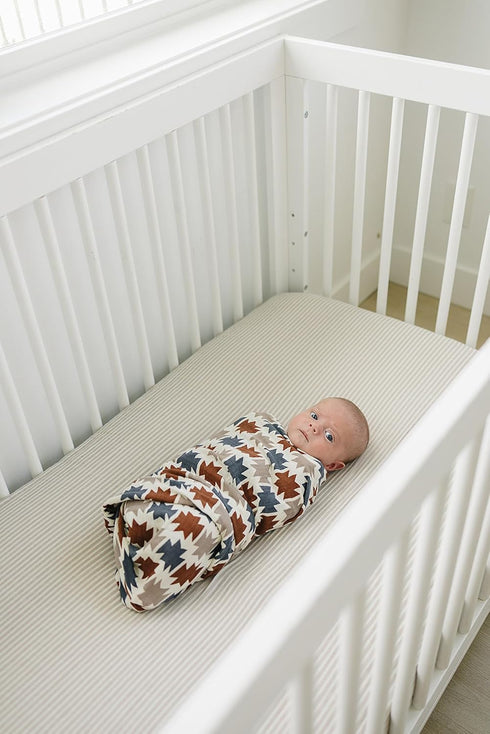 Taupe Stripe Muslin Crib Sheet by Mebie Baby, Soft and Breathable Bed Sheets for Babies, Modern Neutral Bedding