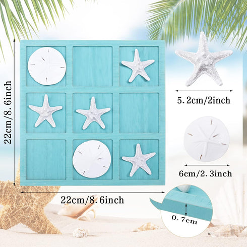 Sumind Tic Tac Toe Game - Beach House Decor Wood Coastal Board Game for Home Beach Starfish Decor (Blue)