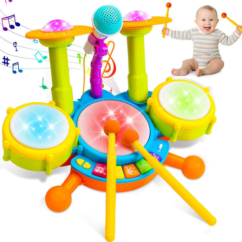 Kids Drum Set for Toddlers 1-3, Musical Baby Toys for 1 Year Old Boy, Learning Toys with Microphone and Light
