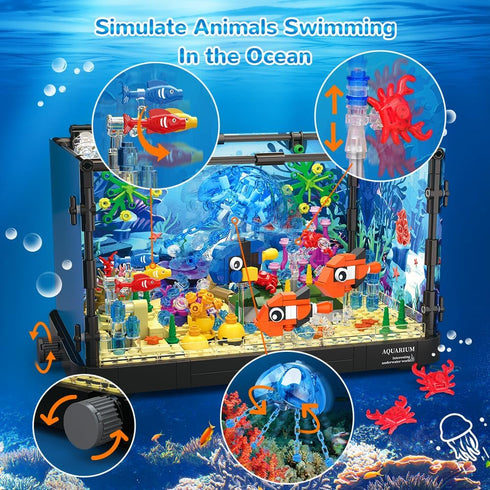 HOGOKIDS Fish Tank Building Set - 725PCS Movable Aquarium Toys with LED Light for Kids Age 8-14