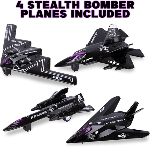 ArtCreativity 4 Pcs Diecast Stealth Bomber Toy Jets, B-2 Spirit Bombers, Pullback Mechanism, Military Cake Decorations