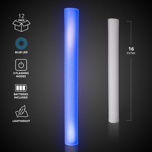 Fun Central LED Foam Sticks - 12 Pack, 16-Inch, 3 Light-Up Modes for Mardi Gras & St Patricks Day (Blue)
