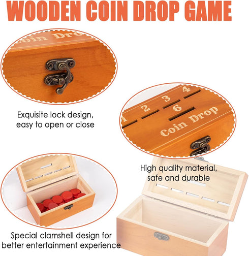 Wooden Penny Game, Coin Drop Game with 50 Coins, Wooden Game Box and 1 Dice for Family Fun Interaction