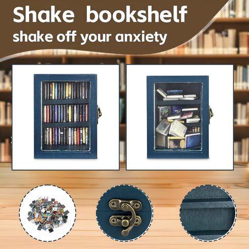 SIHPTO 60pcs Anxiety Mini Bookshelf Ornament Small Bookshelf Miniature Library with Mini BooksDoll House Decor Shake
