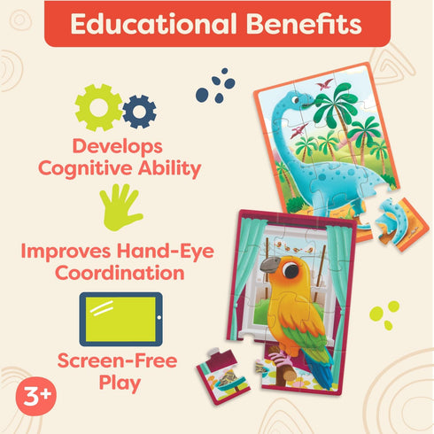 B. toys Pack o' Puzzles 2-Pack, Pets & Dinos Wooden Puzzle Box Set, 12-Piece Jigsaw Puzzles for Kids 3 Years +