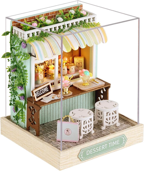 CUTEROOM Miniature House Kit, Tiny Wooden Dollhouse Kit with Dust Cover, DIY Birthday Gift (Dessert Time)