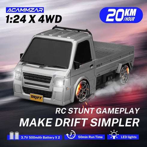 ACAMMZAR 1:24 20KM/H 4WD RC Drift Car, Remote Control Car, Drift RC Truck with Lights, Extra Racing Tires, High Speed