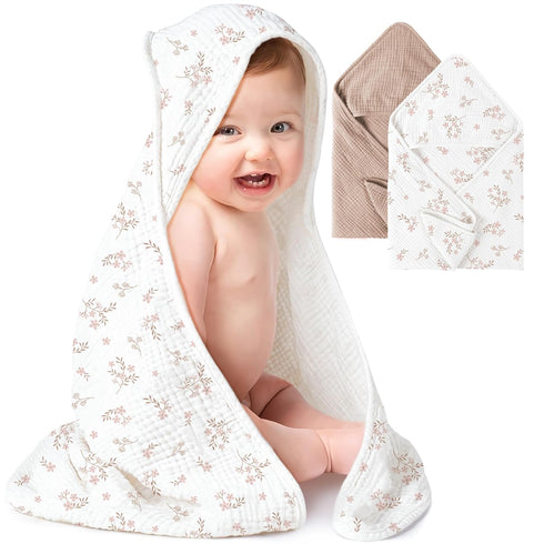 Konssy 2-Pack Muslin Hooded Baby Towels, 100% Cotton, Ultra-Soft & Absorbent Baby