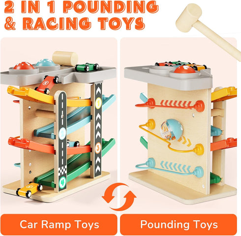 1-3: 2-in-1 Hammer 4 1 2 3 Wooden Car Ramp Toy for Toddlers Pound a Ball Toy with & Cars - Montessori Educational Race