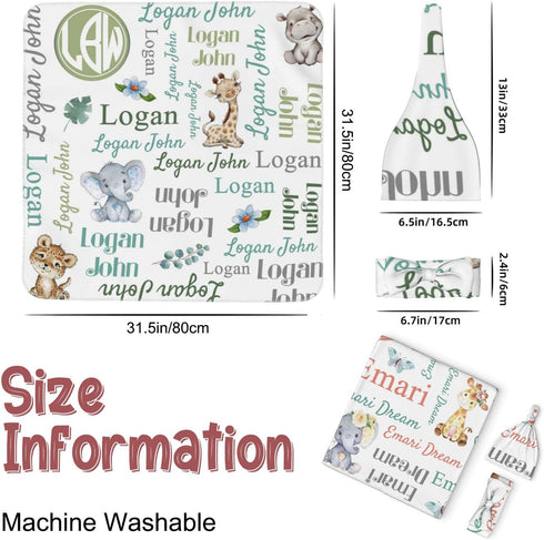 FwSYouMAI Set Personalized Baby Swaddle Blanket Girl Boy Custom Swaddle with Hat Bow with Name, Customized Newborn