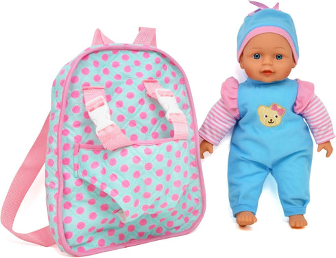 13" Soft Baby Doll with Take Along Pink Doll Backpack Carrier, Briefcase Pocket for Doll Accessories