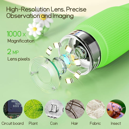 WINWEND -1000X 2'' 3-10 Kids Microscope Pocket Microscope Portable Microscope for Kid | Photo and Video Mini