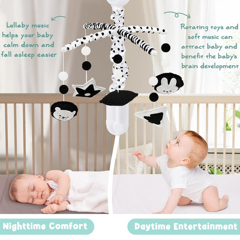 3-Mode Montessori Baby Crib Mobile High Contrast Mobile for Crib, Black and White Nursery Mobile with Upgraded Music