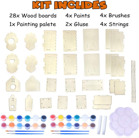 hapray 4 Pack Bird House Crafts for Kids Ages 5-12, Buildable DIY Birdhouse Kit for Summer Arts Projects
