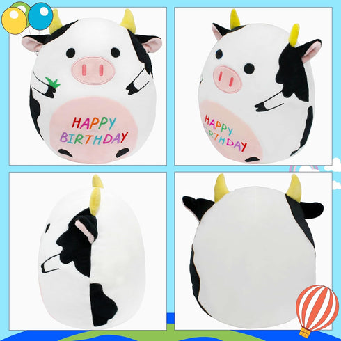 14.5" Birthday Cow Plush Pillow, Cute Black Cow Stuffed Animal Body Pillow for Kids Birthday Decoration Gifts