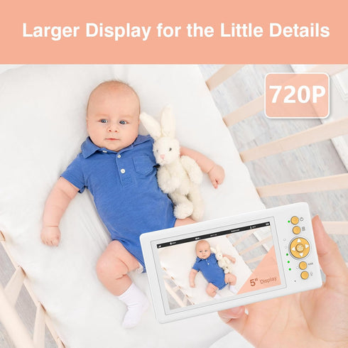 JouSecu 5" 720P 30hrs Baby Monitor No WiFi, HD Screen Baby Monitor with Camera and Audio with Long Battery Life, Baby