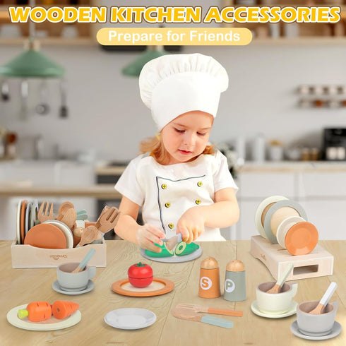 Set, 27 3 4 5 6 Wooden Play Dishes and Plates for Kids Kitchen PCS Wooden Play Kitchen Accessories, Kitchen Toy
