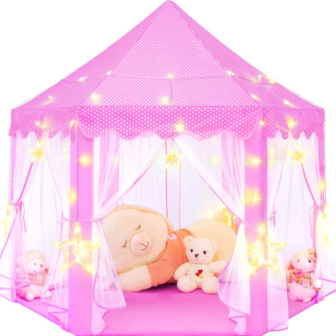 Pink Princess Tent for Girls - Kids Play Tent with LED Star Lights, Castle Playhouse for Indoor Outdoor Games, 55×53