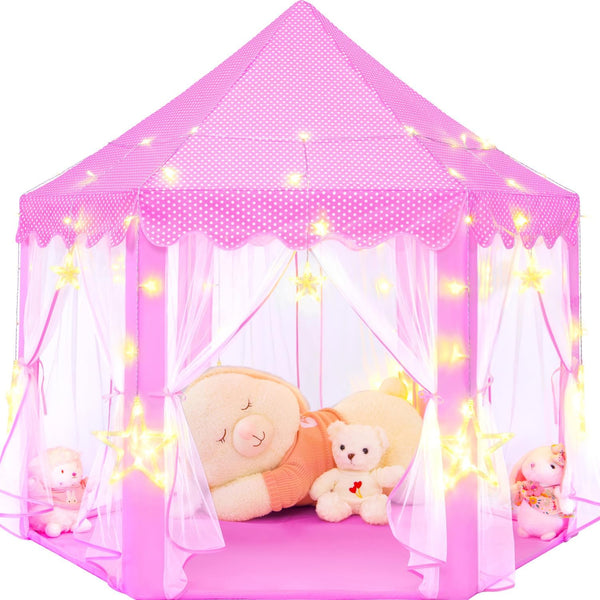 Pink Princess Tent for Girls - Kids Play Tent with LED Star Lights, Castle Playhouse for Indoor Outdoor Games, 55×53
