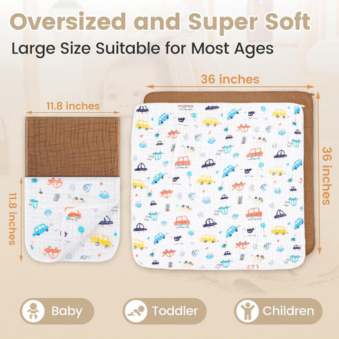 2 Pack 36x36 Inch 12x12 Inch Set Hooded Baby Towels for Newborn, Muslin Cotton Baby Bath Towel and Washcloth with Hood