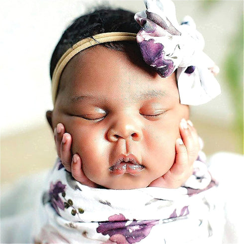 Baby Swaddle Blanket Newborn Girl Swaddle and Headband Set Purple Flowers Floral Print Wrap Shower Gift by BxuanW