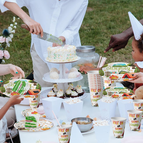 Camping Party Supplies Set, Outdoor Adventure Decorations for 20, Plates, Napkins, Cutlery for Birthday