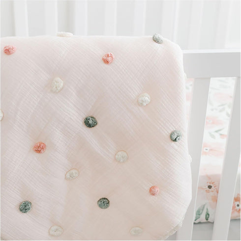 36" 36", 100% Crane Baby Soft Cotton Muslin Nursery Blanket with Pom Pom Trim, X Stroller Blanket for Girls, Pink