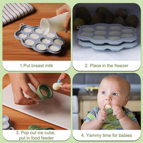 Baby Breastmilk Popsicle Molds & Fruit Feeder Pacifier, Silicone Baby Food Freezer Tray Storage Containers for Infant
