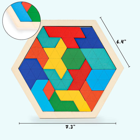 3 Otters Wooden Hexagon Puzzles, Brain Teaser Blocks for Kids, Montessori Educational Shape Pattern Block for All Ages