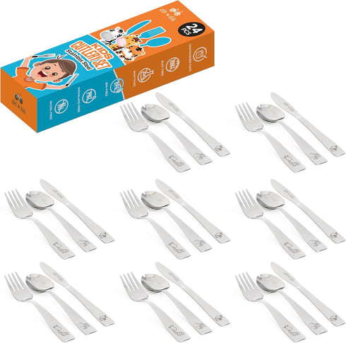 Kids and Toddler Utensils Silverware Set, 24-Piece Toddler Silverware Includes 8 Forks, 8 Spoons, 8 Kid-Friendly Knives