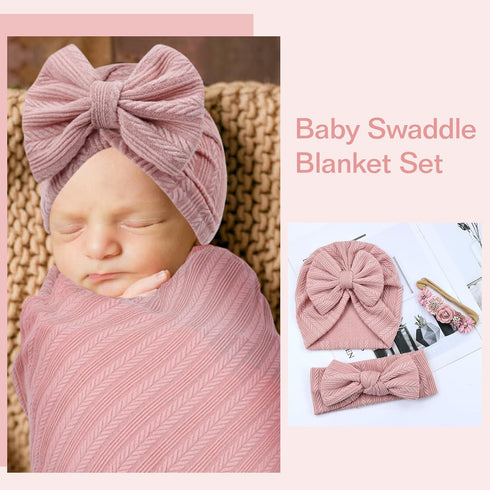 4pcs Cinaci Dusty Pink Soft Nursery Newborn Baby Receiving Swaddle Blanket with Matching Turban Hat Bow Headbands