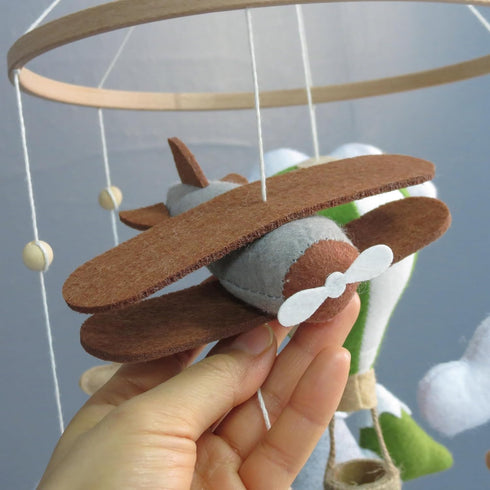 Goukurlsma Handmade Felt Baby Mobile for Crib Boys, Adventure Theme Crib Toys Hanging with Airplane & Hot Air Balloon