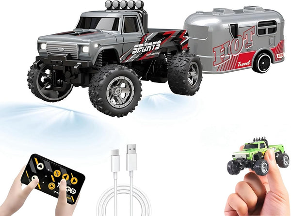 EXVQMU Mini RC Car, 1/64 Scale Mini Remote Control Monster Truck with Trailer,