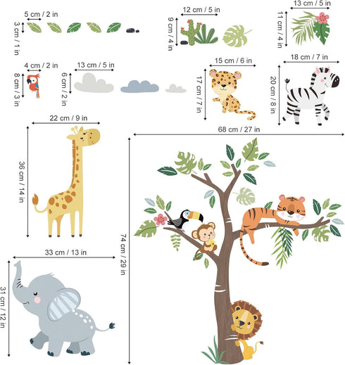 decalmile Jungle Animals Tree Wall Decals Elephant Giraffe Lion Safari Wall Stickers Baby Nursery Kids Bedroom Living