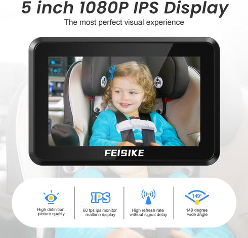 FEISIKE Baby Car Camera with 1080P Dual-Channel, 5 inch Display, 2 IR Night Vision Cameras for Rear Facing Seat
