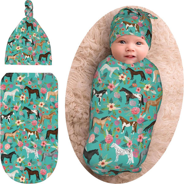 Horse Baby Stuff Gift for Girls, Newborn Swaddle Blanket Beanie Set, Soft Stretchy Horse Baby Blanket for Baby Shower