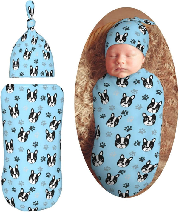 Cute Boston Terrier Puppy Newborn Swaddle Blanket with Beanie Set Soft Baby