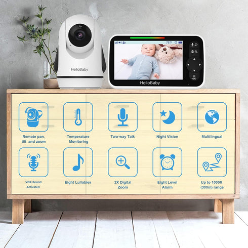 HelloBaby 5 Inch 2-Way 8 1000ft Video Baby Monitor with Camera and Audio, Remote Pan-Tilt-Zoom Camera with Night