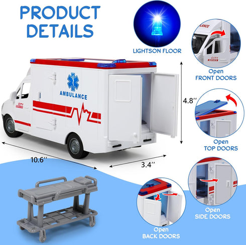 3-5 4 Sets 3 4 Toy Ambulance Boys Age With Different Flashing Lights & Sound, Back And Side Doors Open Friction-Powered