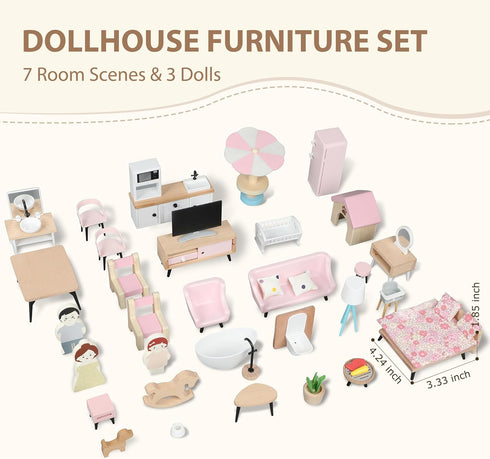 Set, 7 3 Set Set, Pithfor Wooden Dollhouse Furniture Dollhouse Accessories and Furniture, with Rooms Dolls, Includes