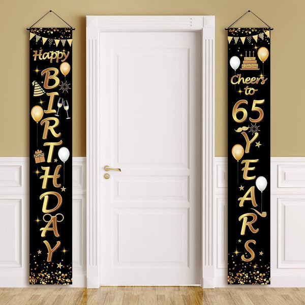 2 Pieces Black and Gold 65th Birthday Party Decorations, Cheers to 65 Years Banner for Men and Women
