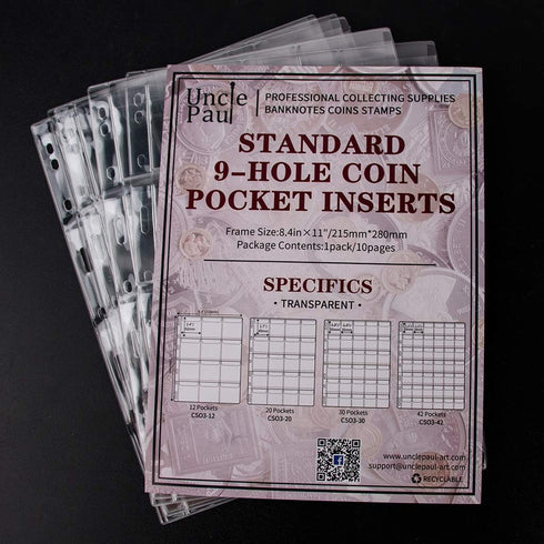 Uncle Paul Coin Collecting Pages, 5 Sheets 12 Pockets Standard 9-Hole Coin Pocket Inserts, Collecting Sleeves for Coins