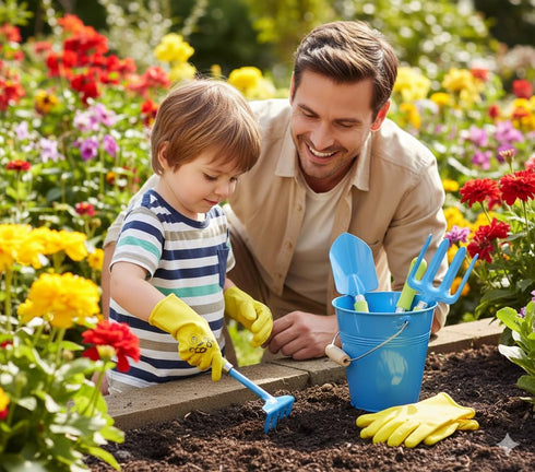 2 Pack Set JustForKids Garden Tool Green & Blue Metal Pails with Mini Shovel, Rake & Cultivator, Wooden Handles Outdoor