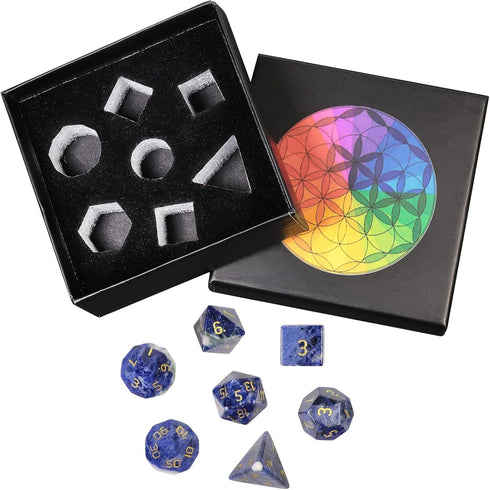 Amogeeli 7pcs Sodalite Hand-Carved Crystal DND Dice Set, Stone Polyhedral Rolling Kit for RPG MTG COC Table Game