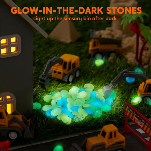 3+ JOVA Klever Kits Construction Sensory Bin for Toddlers with Glow in The Dark Stones, Sandbox with Lid Castle