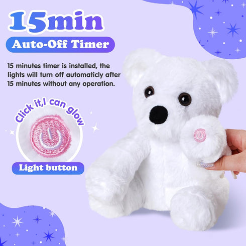BSTAOFY Glow Polar Bear LED Night Light Stuffed Animal, Soft Plush Toy for Kids, White, 9.5''